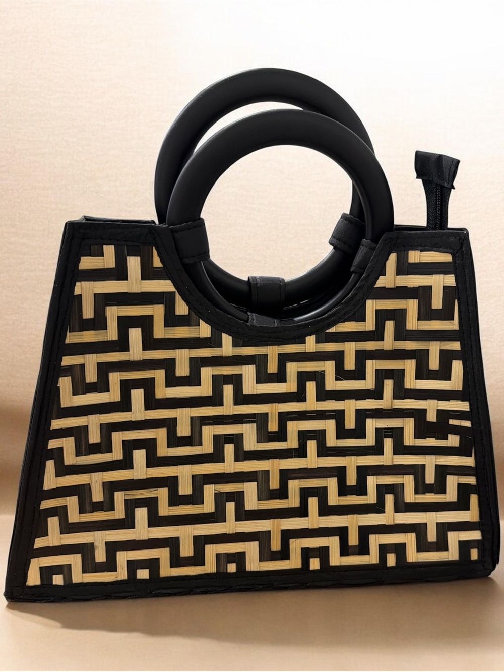 Black & Natural Woven Circle-Handle Satchel